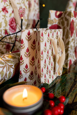 Hand Block Printed Gift Bags (Small) - Festive - heart deco