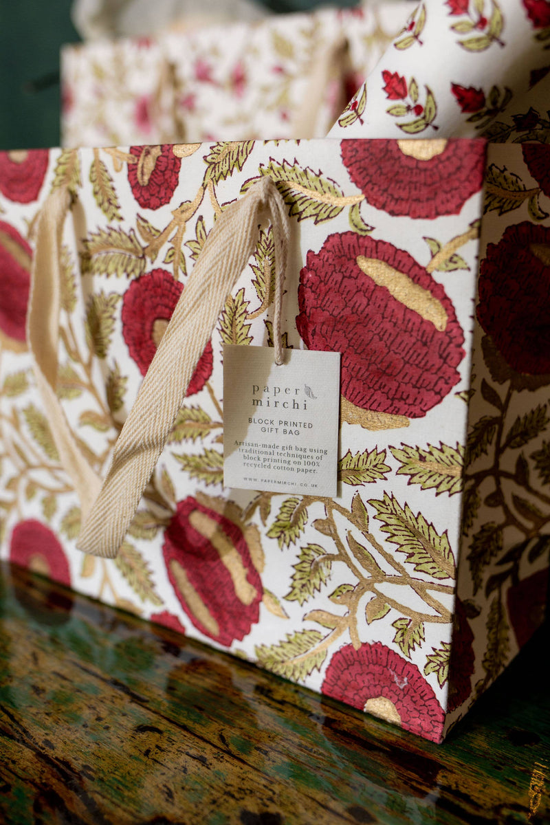 Hand Block Printed Gift Bags (Medium) - Festive - heart deco