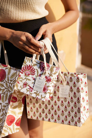 Hand Block Printed Gift Bags (Medium) - Festive - heart deco