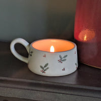 Candle Cup – Hand-Painted Holly Ceramic Tealight Holder - heart deco 