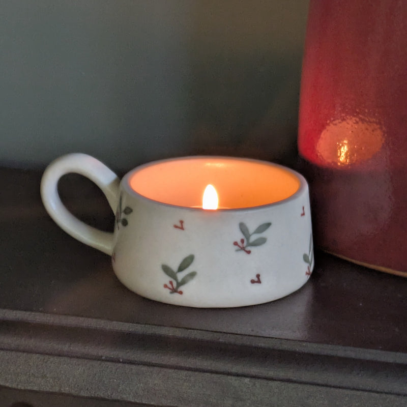Candle Cup – Hand-Painted Holly Ceramic Tealight Holder - heart deco 