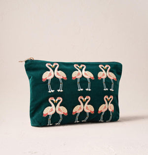 Flamingo Emerald Velvet Everyday Pouch