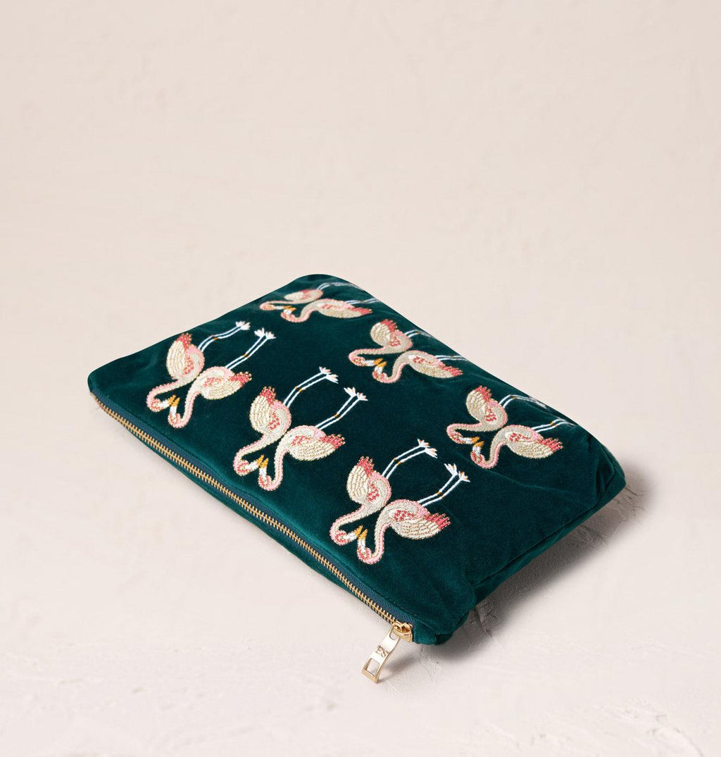 Flamingo Emerald Velvet Everyday Pouch