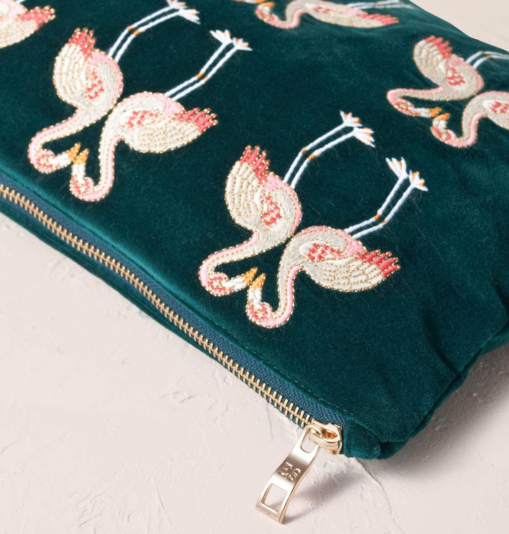 Flamingo Emerald Velvet Everyday Pouch