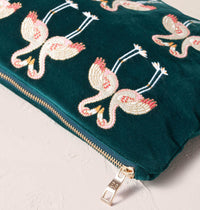 Flamingo Emerald Velvet Everyday Pouch