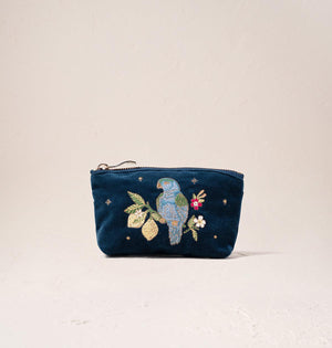 Tropical Parrot Ink Blue Velvet Coin Purse