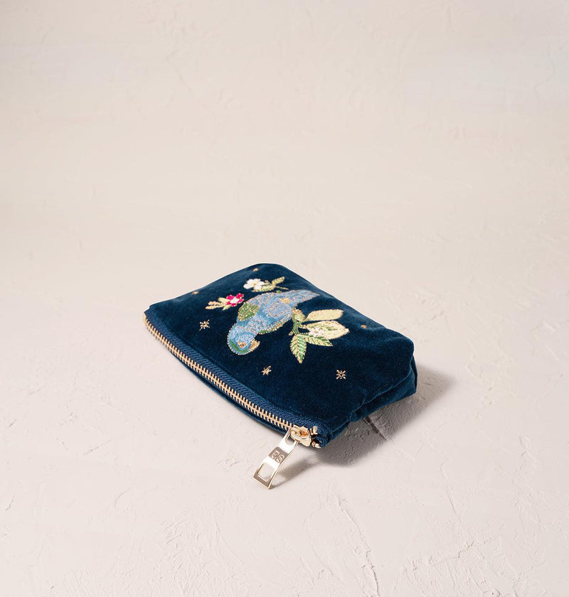 Tropical Parrot Ink Blue Velvet Coin Purse