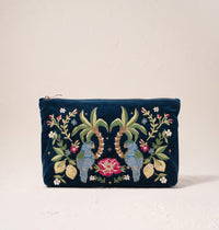 Tropical Parrot Ink Blue Velvet Everyday Pouch