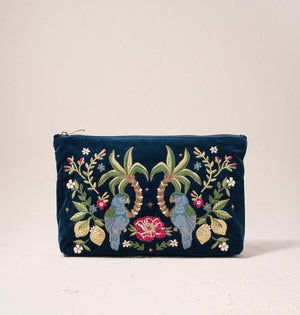 Tropical Parrot Ink Blue Velvet Everyday Pouch