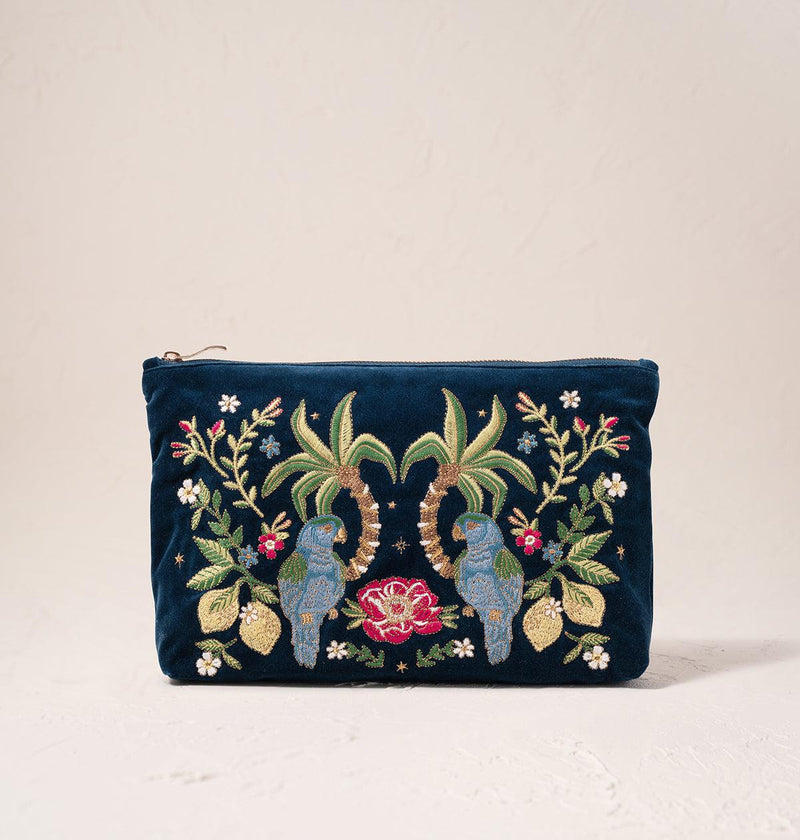 Tropical Parrot Ink Blue Velvet Everyday Pouch