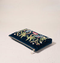 Tropical Parrot Ink Blue Velvet Everyday Pouch