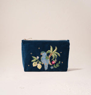 Tropical Parrot Ink Blue Velvet Mini Pouch