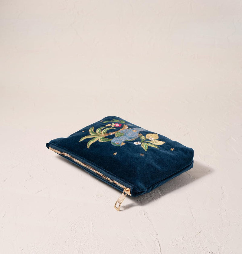 Tropical Parrot Ink Blue Velvet Mini Pouch