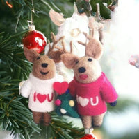 Handmade Felt Reindeer Couple Hanging Decoration - heart deco