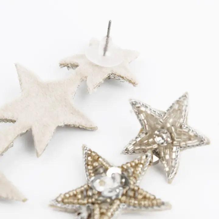 MY DORIS TRIPLE SILVER STAR EARRINGS - heart deco