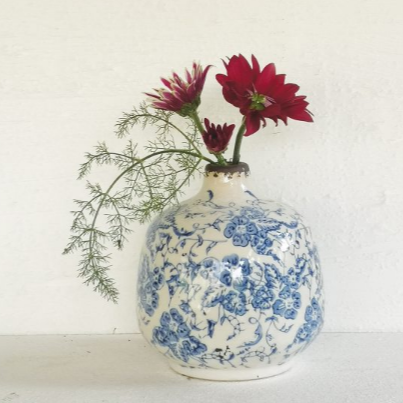 Blue and White Floral Vintage Style Bud Vase - heart deco