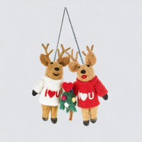 Handmade Felt Reindeer Couple Hanging Decoration - heart deco