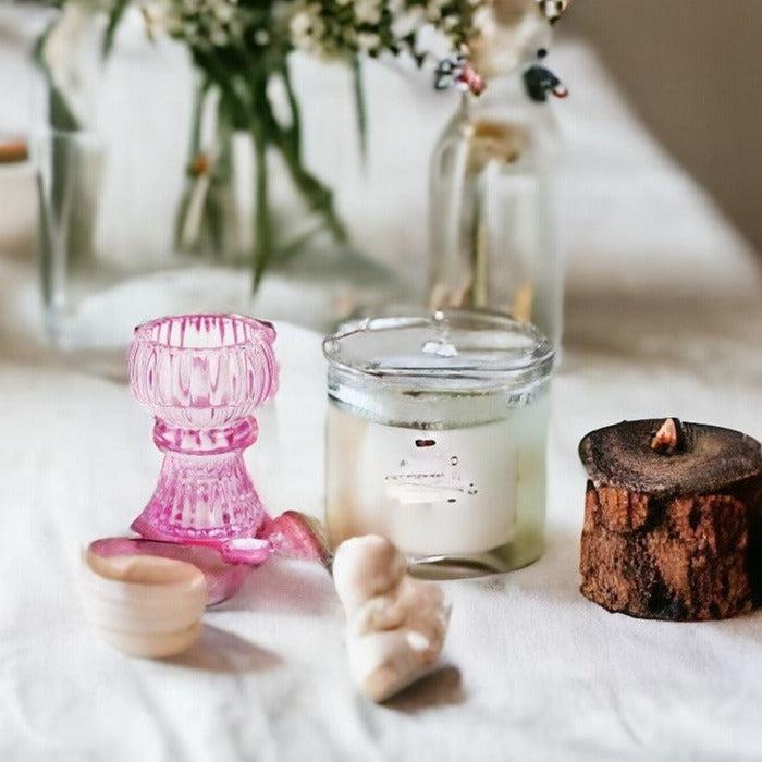 pink glass candlestick - heart deco