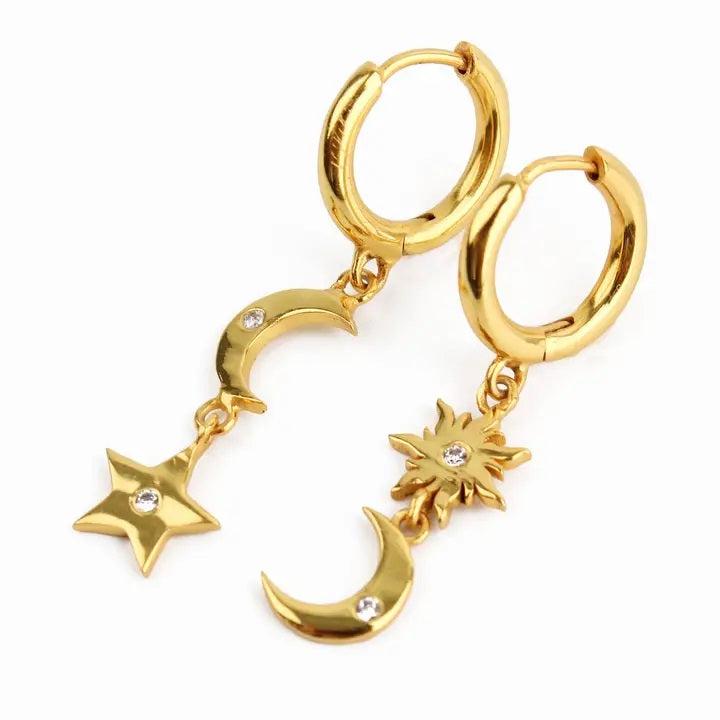 MY DORIS GOLD STAR & MOON ODD EARRING DROPS - heart deco