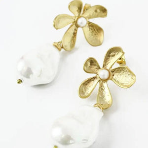 MY DORIS LARGE FLOWER PEARL DROP EARRINGS - heart deco