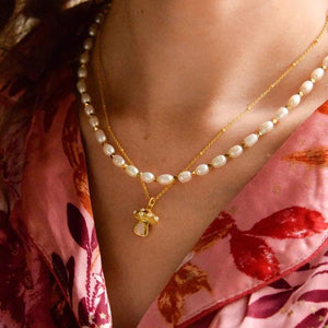 MY DORIS GOLD PEARL & RAINBOW MOONSTONE MUSHROOM NECKLACE - heart deco