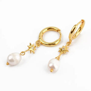 MY DORIS GOLD STAR & MOON PEARL DROP EARRINGS - heart deco