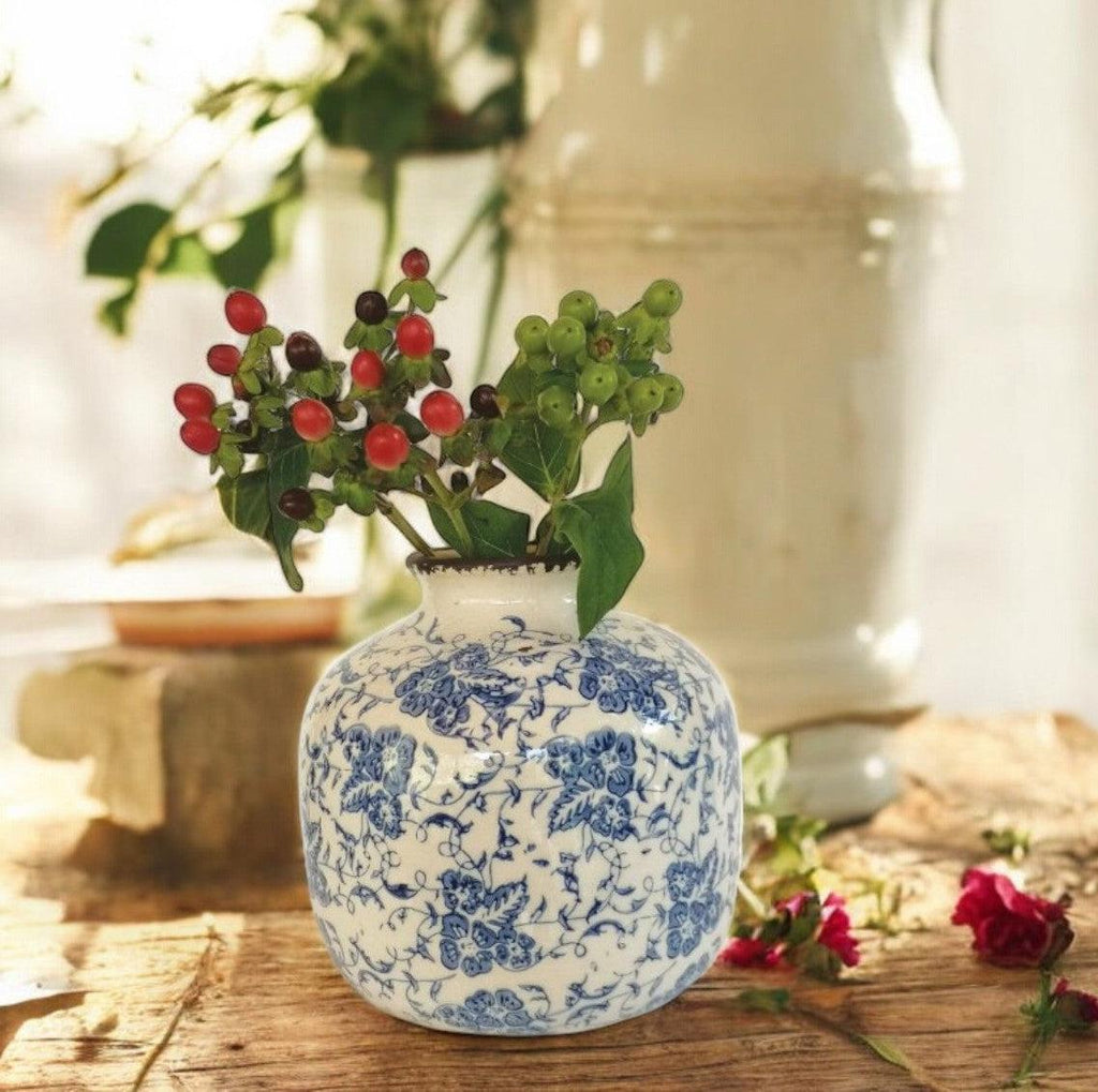 Blue and White Floral Vintage Style Bud Vase - heart deco