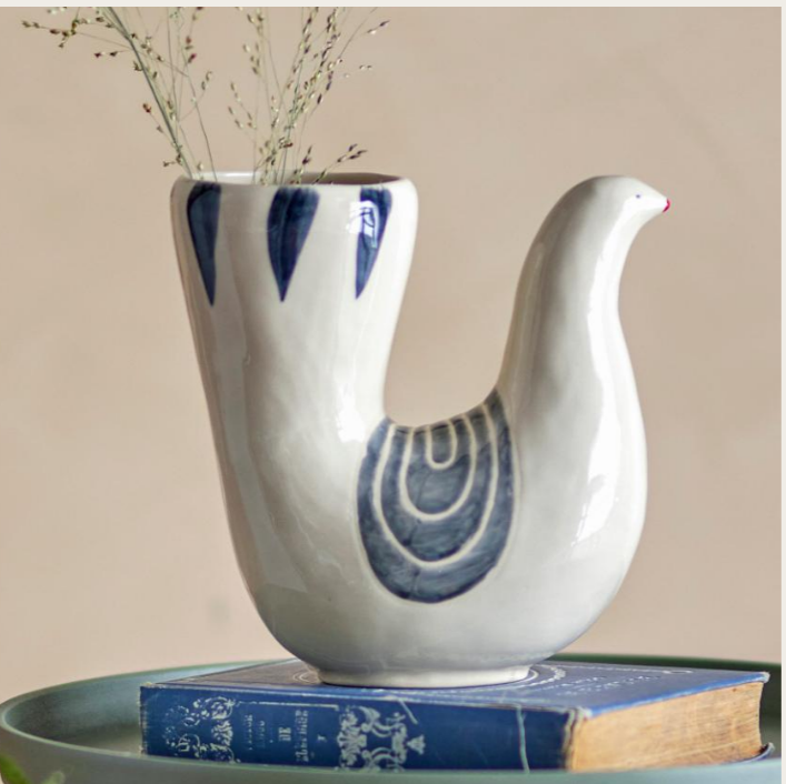Ceramic Bird Vase – Blue and Cream Decorative Ornament