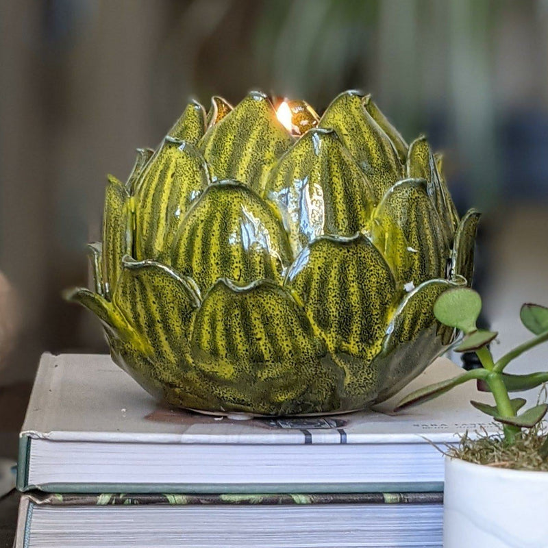 Green Ceramic Artichoke Tealight Holder - heart deco